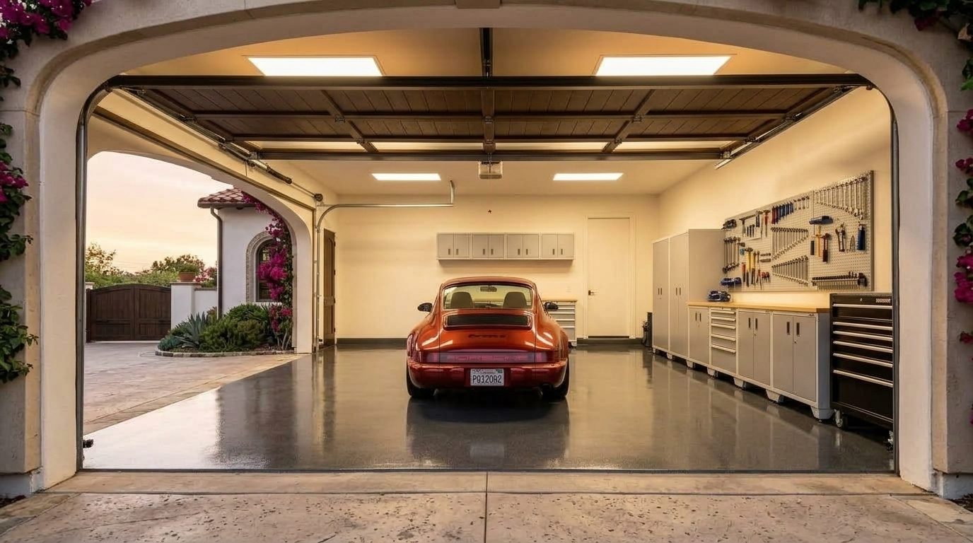 Rivera Local Garage Door Interior View of Custom Garage Door Overhead and Workshop